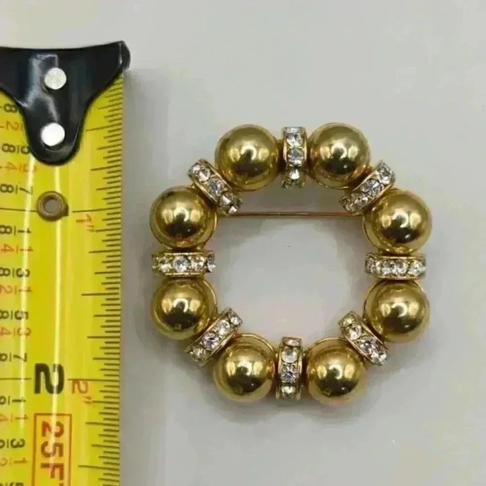 Vintage Liz Claiborne Gold Tone Ball Clear Rhinestone Rondell Circle Pin Brooch